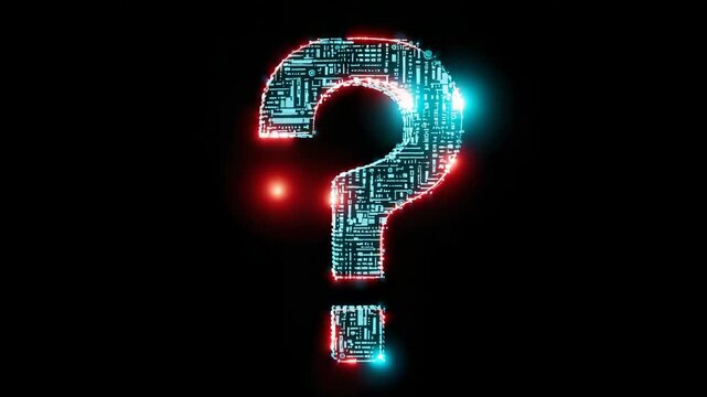 Futuristic glowing circuit question mark on black background