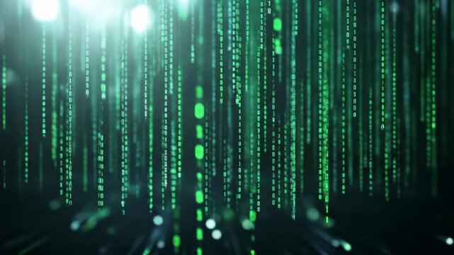 Digital data stream binary code falling green technology background