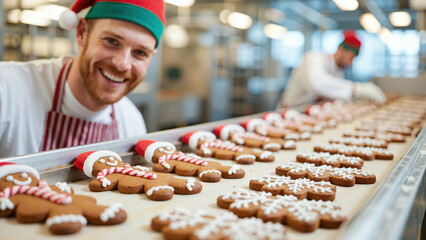 rows of decorated gingerbread cookies moving along a conveyor belt in a commercial bakery, with a cheerful baker wearing a christmas elf hat and striped apron in the background