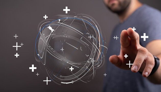 Person interacting with a futuristic digital world globe. Illustrating global technology and communication through touch.