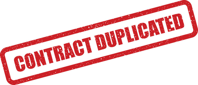 Red rectangular rubber stamp prominently displaying the words CONTRACT DUPLICATED against a crisp white backdrop