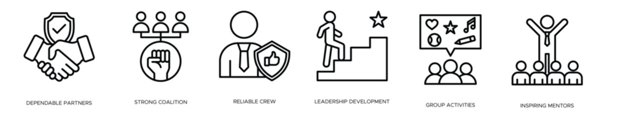 “Minimal team building line icons representing collaboration, unity, and group interaction.”