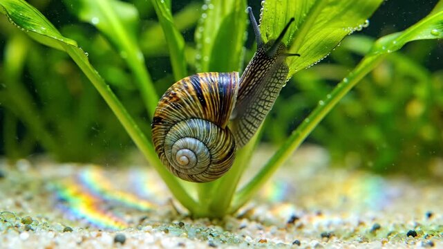 Snail Crawling on Aquatic Plant - A snail with a beautifully patterned shell climbs a vibrant green aquatic plant, set against a blurred background of underwater foliage.