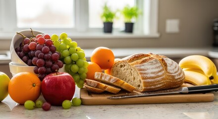 Still life of fresh fruit and bread on a kitchen countertop near window