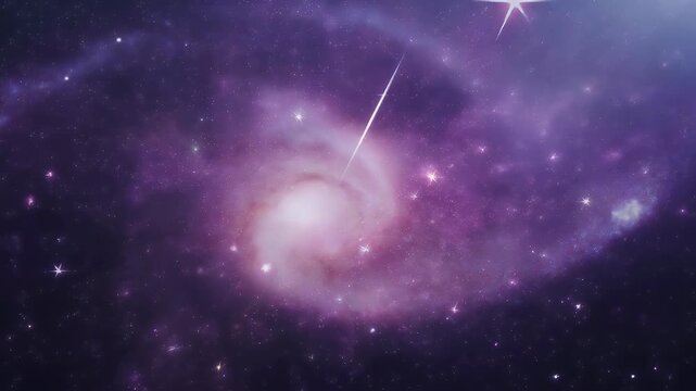 A captivating image of a luminous spiral galaxy swirling through a vibrant, star-filled purple and violet cosmic expanse.