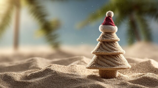 Tropical Christmas tree on a beach, perfect for holiday greetings.  The sand tree features a Santa hat, blending festive cheer with a seaside escape. Warm wishes from paradise!