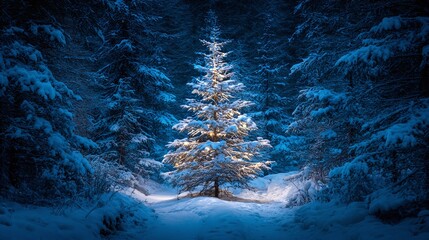 A pristine evergreen, snow-laden and softly lit, stands amidst a dense, tranquil forest blanketed in snow. An ethereal winter scene evokes feelings of serenity and peace.