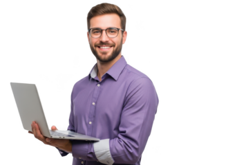 Smiling caucasian man with beard and glasses holding a laptop computer in his hands isolated on transparent background