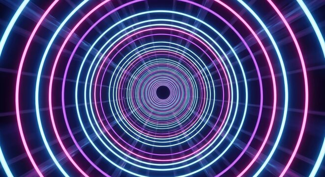Abstract concentric circles of neon lights forming a tunnel effect