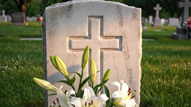Grave Marker with Lilies - This video features a marble headstone with a carved cross, adorned with a bouquet of white lilies.