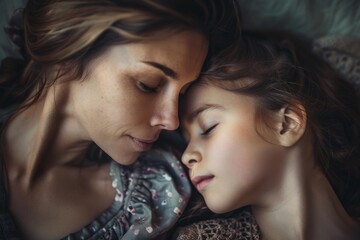 Obraz premium Mother and daughter touching foreheads, enjoying a quiet moment of connection and love