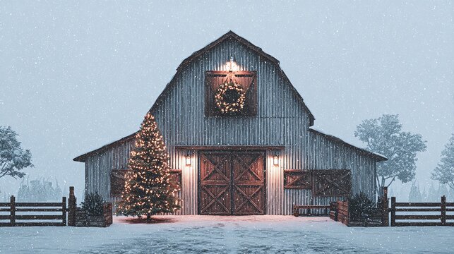 Snowy barn scene with a Christmas tree and wreath, capturing a rustic, holiday ambiance. The soft glow of lights complements the peaceful, winter setting.