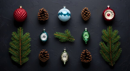 Fototapeta premium CHRISTMAS PATTERN: SYMMETRIC ARRANGEMENT OF VINTAGE ORNAMENTS AND FIR BRANCHES ON DARK STONE