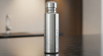 A metallic, stainless steel reusable water bottle covered in condensation droplets stands upright on a dark, glossy countertop with a blurred kitchen background.
