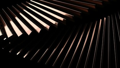 Abstract pattern of light and shadow created by angled blinds in a dark room