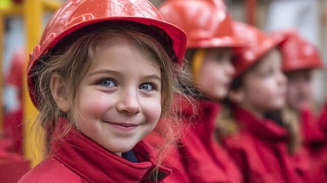 A young girl with a red hard hat beams, flanked by her equally protected peers, embodying safety awareness and future aspirations in construction. Their bright uniforms add to the scene's charm.