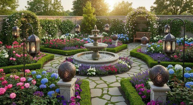 Ornate garden with stone fountain flowers and lanterns at sunset time - Powered by Adobe