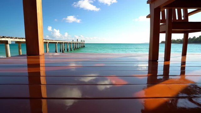 Tropical Beach Deck View - A low-angle shot depicts a varnished wooden deck with a pier extending into the turquoise ocean under a blue sky with scattered clouds.