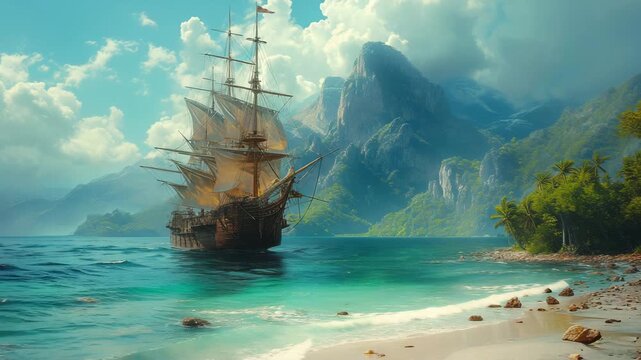 An old sailing ship sails on the sea.