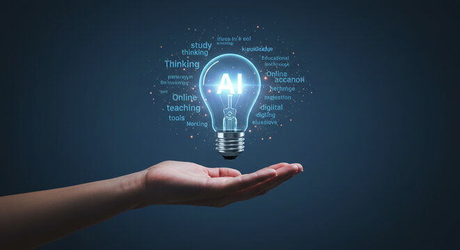 Illuminating the future of artificial intelligence and digital learning, a hand holds a glowing AI lightbulb symbolizing innovation and knowledge.