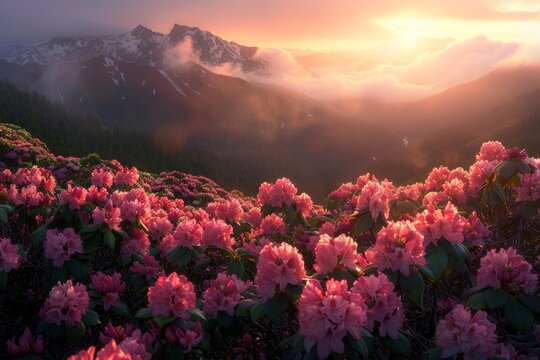Fototapeta Pink rhododendrons blooming on a mountainside during a breathtaking sunset