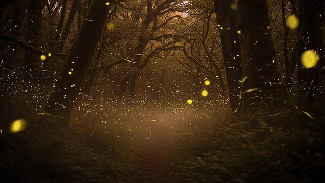 Enchanted Forest Night: A magical journey through a dark woodland illuminated by dancing fireflies