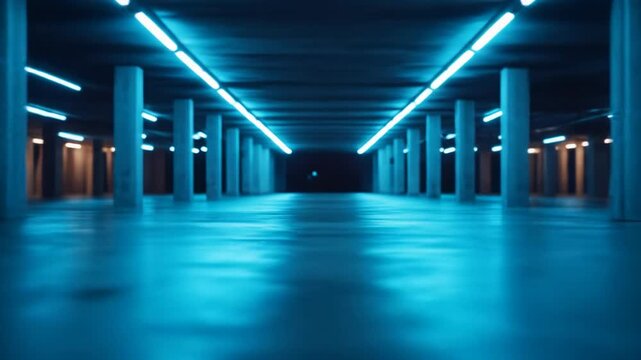 Futuristic blue lit architectural corridor with glowing neon lights and reflections on an empty floor abstract modern urban underpass