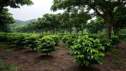A coffee plantation with rows of green coffee plants and tall shade trees under a cloudy sky