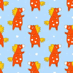 Seamless pattern with cute сartoon red horse with hearts  - funny animal background for Your kawaii design - symbol of 2026 Chinese New Year