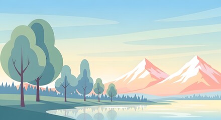 Minimalist vector illustration of a serene pastel landscape with trees bordering a reflective lake and sunlit snow-capped mountains in the background. Calm nature or travel advertisement concept.