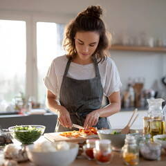 Focused young adult preparing ingredients in organized kitchen, soft natural light