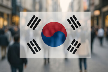 South Korean Flag Overlay on Busy City Street Scene