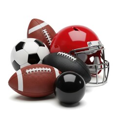 Collection of american footballs soccer ball and helmet isolated on white background