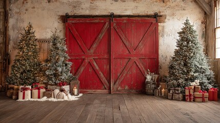 Festive barn interior with red doors. Decorated Christmas trees flank wrapped gifts and lit candles. Rustic charm meets holiday warmth in this inviting scene.