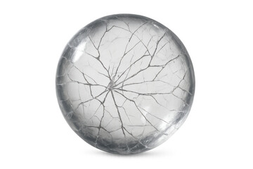 Cracked glass sphere representing fragility, crisis, and brokenness, transparent element on a plain background