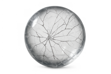 Cracked glass sphere representing fragility, crisis, and brokenness, transparent element on a plain background