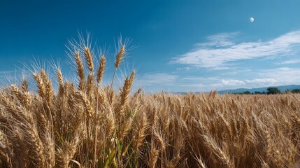 A golden wheat field under a bright blue sky with wispy clouds and a visible moon