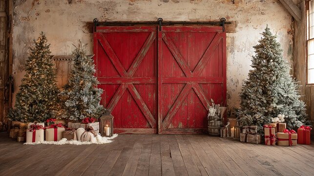 Festive barn interior with red doors. Decorated Christmas trees flank wrapped gifts and lit candles. Rustic charm meets holiday warmth in this inviting scene.