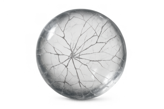 Cracked glass sphere representing fragility, crisis, and brokenness, transparent element on a plain background