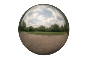 Reflecting nature landscape with sky and clouds in a metallic chrome sphere on transparent background, environmental concept