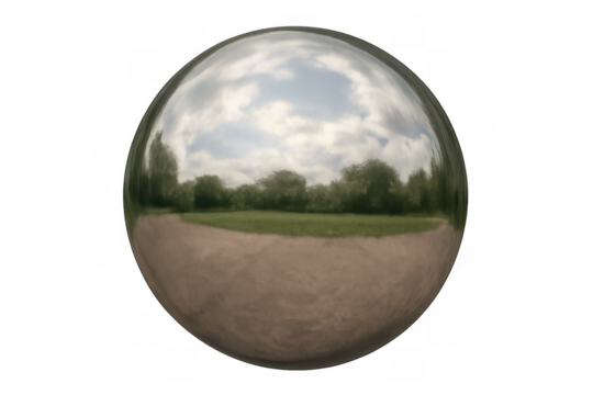 Reflecting nature landscape with sky and clouds in a metallic chrome sphere on transparent background, environmental concept