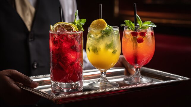 A waiter carries a silver tray with three colorful non-alcoholic cocktails, garnished with lime, mint, and raspberries, perfect for a refreshing and vibrant drink experience.