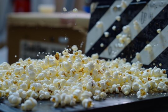 Freshly popped popcorn falling onto a table with a movie clapperboard in the background