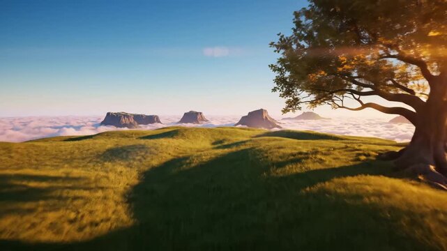 Golden Tree Above the Clouds - A single tree with golden foliage stands on a grassy hill above a layer of clouds. In the distance, mesas rise above the clouds against a blue sky.