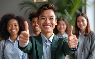 Overjoyed young diverse employees workers show thumb up recommend good quality company service. Generative AI. High quality