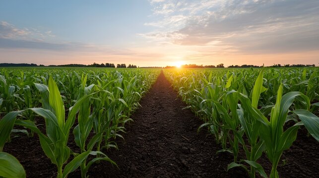 Fototapeta A young cornfield with straight rows bathed in the warm light of a golden hour sunset