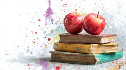 Two fresh apples sit atop a stack of vintage books, colorful watercolor splatters in the background. A creative still life for back-to-school or education promotion.