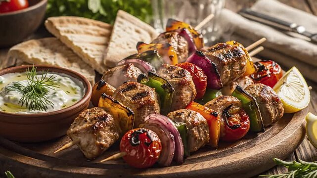 Grilled meat skewers with vegetables and pita bread on a wooden platter