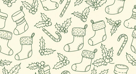 Christmas Stockings Candy Canes and Holly Doodle Seamless Pattern Illustration
