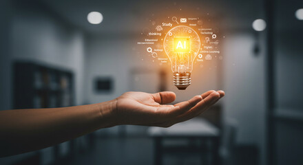 Illuminating AI concept with a bright idea bulb hovering over an open hand, symbolizing innovation and future technology